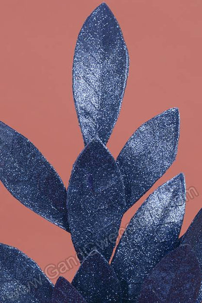 20" Glittered Bay Leaf Spray Dark Blue