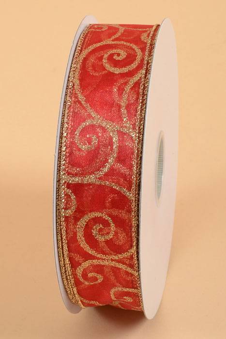1.5" X 50yds Swirls Wired Ribbon Red/Gold