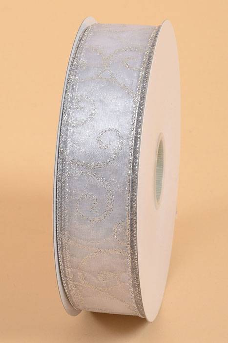 1.5" X 50yds Swirl Wired Ribbon White/silver