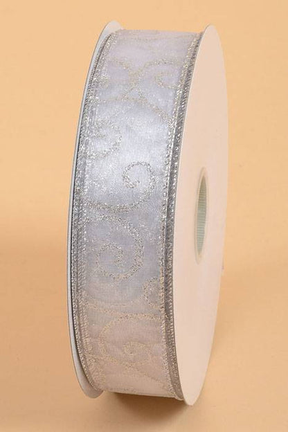 1.5" X 50yds Swirl Wired Ribbon White/silver
