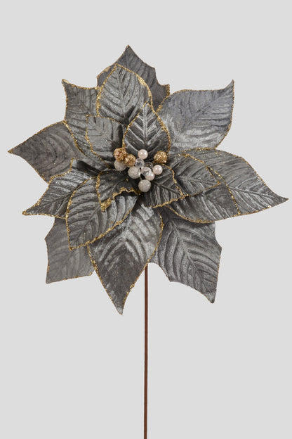 25" Velvet Jeweled Poinsettia Stem Blue Grey