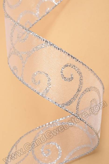 1.5" X 50yds Swirl Wired Ribbon White/silver