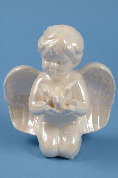 6.25" Kneeling Angel W/dove Iridescent White