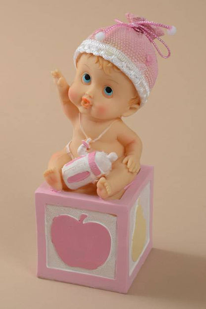 8.25" Baby Girl Sitting On The Block Money Bank Pink