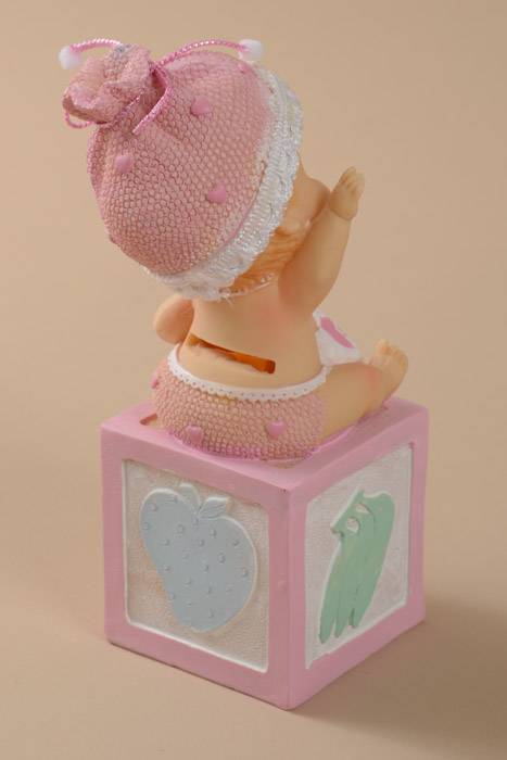 8.25" Baby Girl Sitting On The Block Money Bank Pink