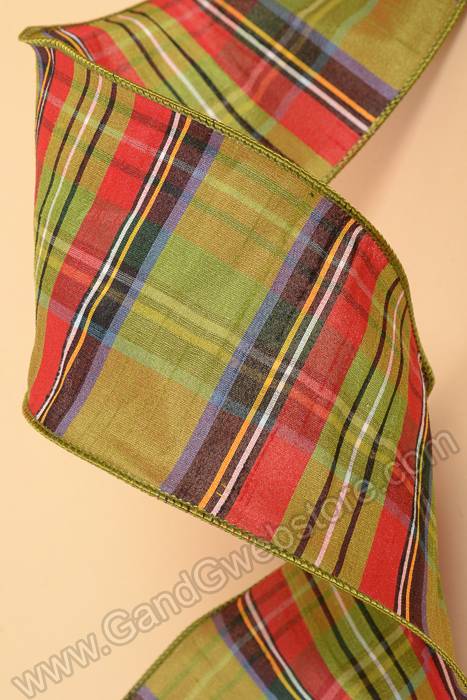 4&quot; X 10yds Faux Dupioni Mcfarland Plaid Wired Ribbon Lime/red