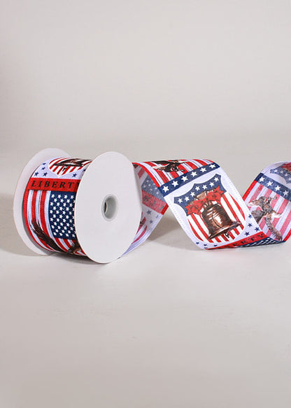 2.5" X 10Yds Wired Linen Liberty Bell Ribbon White/Red/Navy