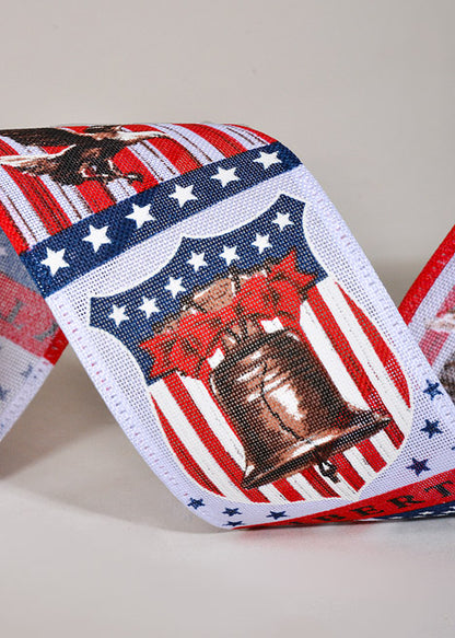 2.5" X 10Yds Wired Linen Liberty Bell Ribbon White/Red/Navy
