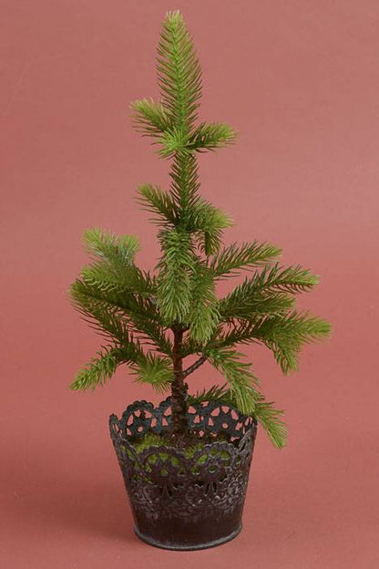 18" Artificial Slim Pine Tree In Tin Pot Green