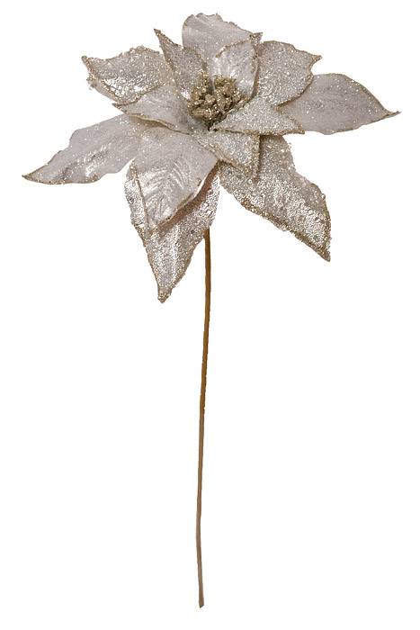 24"  Glitter Iced Poinsettia Stem Silver