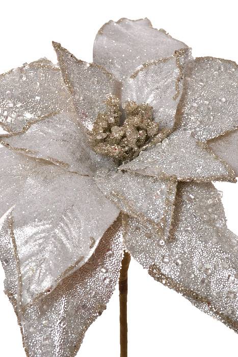 24"  Glitter Iced Poinsettia Stem Silver