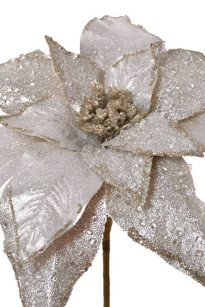 24"  Glitter Iced Poinsettia Stem Silver