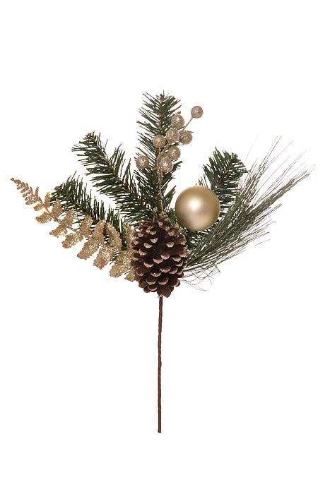 15" Xmas Berry/Pinecone Pick (Green/Gold)