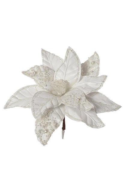8" Poinsettia With Pearl Clip White
