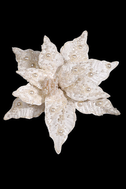 7" Poinsettia with Pearl Clip White