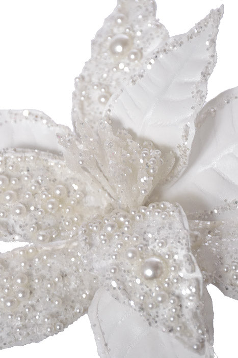 8" Poinsettia With Pearl Clip White