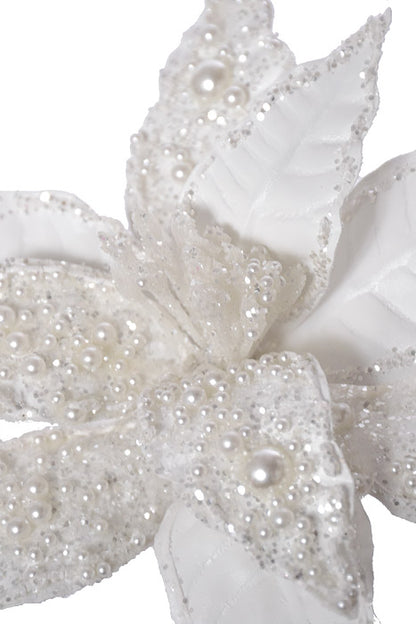 8" Poinsettia With Pearl Clip White