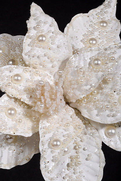 7" Poinsettia with Pearl Clip White