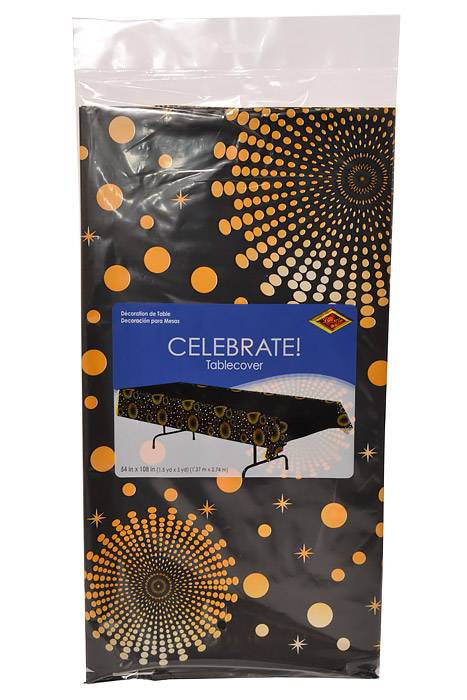 54" X 108" Celebrate! Table cover Black/Yellow