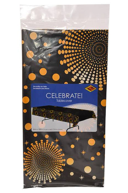 54" X 108" Celebrate! Table cover Black/Yellow