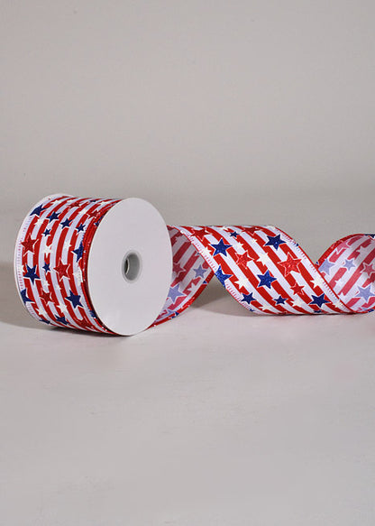 2.5" X 10Yds Wired Linen Stripe Glitter Stars Ribbon Red/White/Blue