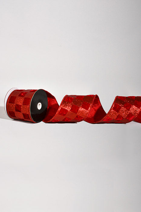 4" X 5Yds Wired Velvet Glitter Check Ribbon Red