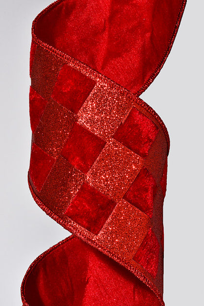 4" X 5Yds Wired Velvet Glitter Check Ribbon Red