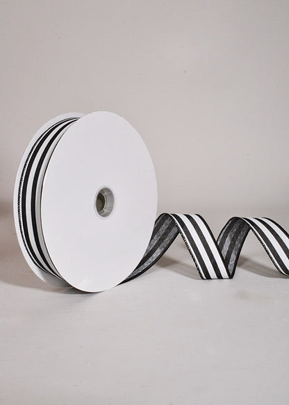 1.5" X 50Yds Wired Linen White Wide Cabana Stripes Ribbon Black/White