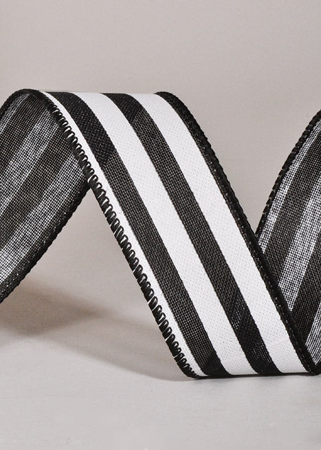 1.5" X 50Yds Wired Linen White Wide Cabana Stripes Ribbon Black/White