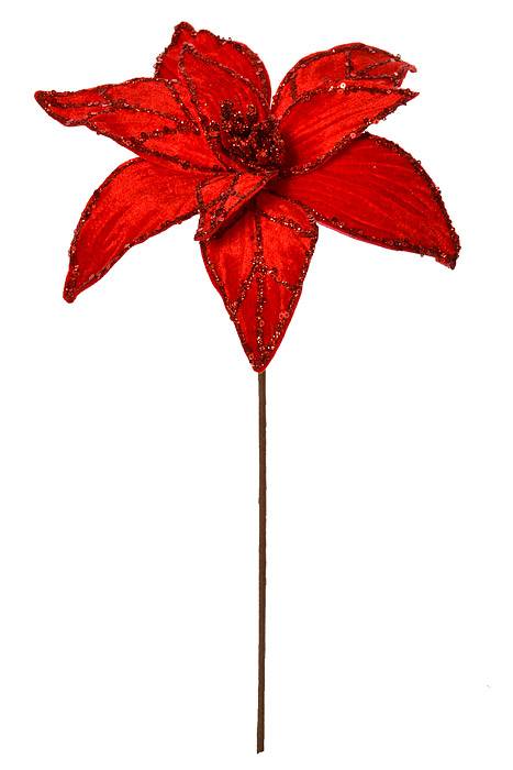 24" Glitter Veined Velvet  Poinsettia Stem Red