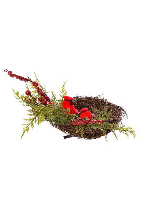 15" Cedar/Berry Cardinals Nest Clip Ornament Red/Green