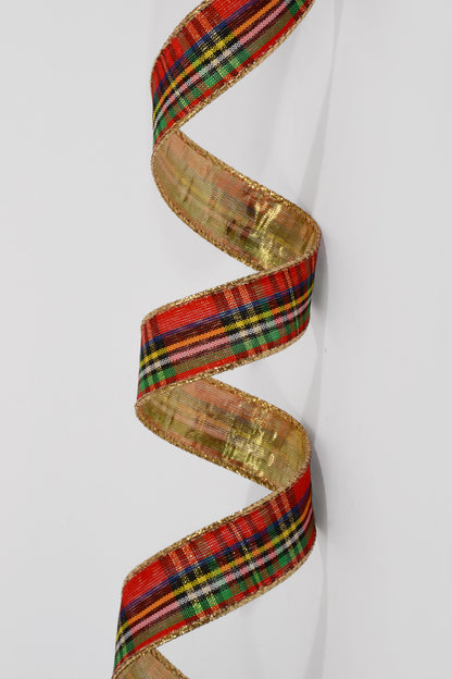1" X 10Yds Wired Tartan Plaid/Gold Back Ribbon Red/Green/Royal Blue/Yellow