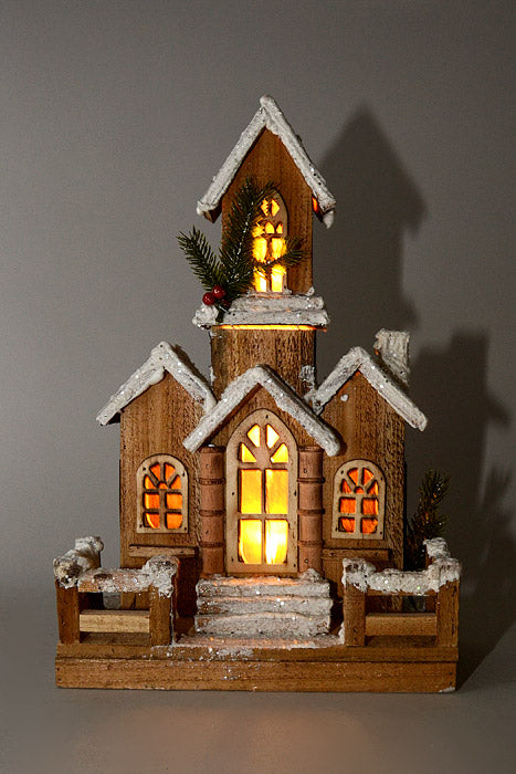 16.5" Wooden House With Lights Natural/White