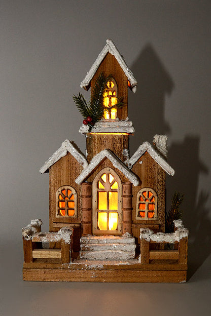 16.5" Wooden House With Lights Natural/White