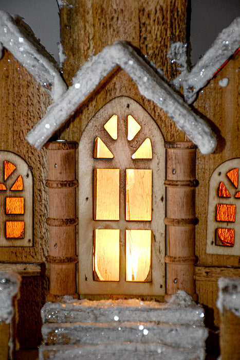 16.5" Wooden House With Lights Natural/White
