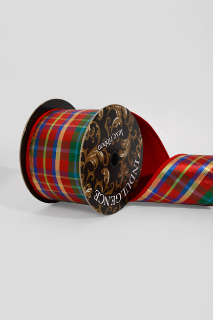 4" X 10 Yds Wired Tartan Plaid/Thick Red Flat Velvet Ribbon