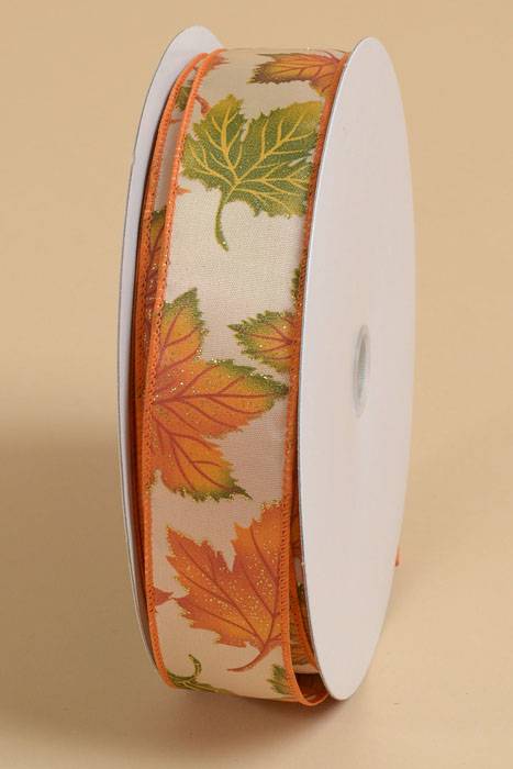 1.5" X 50yds Leaflets Wired Ribbon Ivory/orange