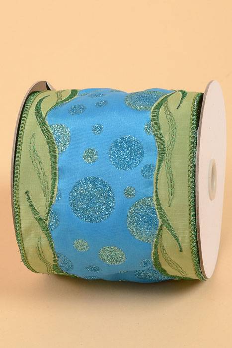 4" X 10yds Dupion Embossed Seaweed/bubbles Ribbon Blue/green