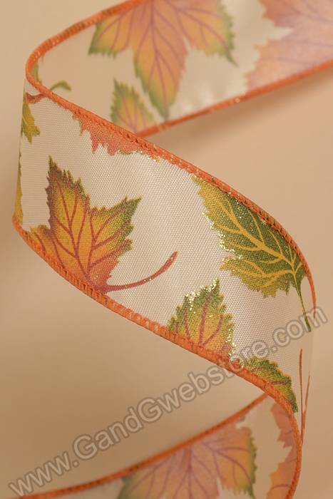 1.5" X 50yds Leaflets Wired Ribbon Ivory/orange