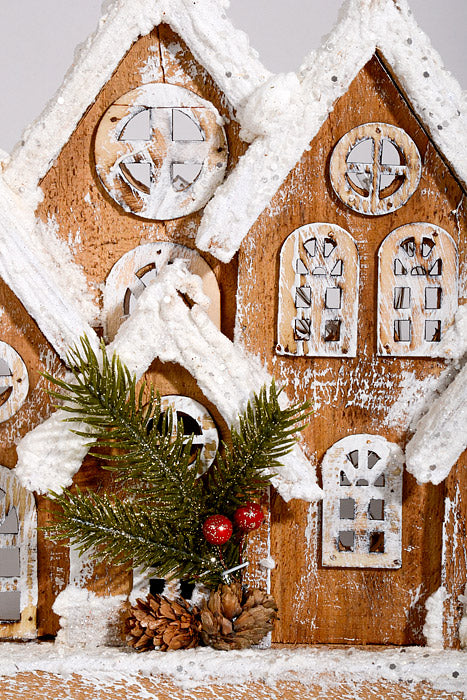 10" Wooden House With Lights Brown/White