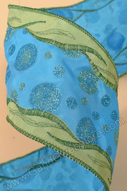 4" X 10yds Dupion Embossed Seaweed/bubbles Ribbon Blue/green