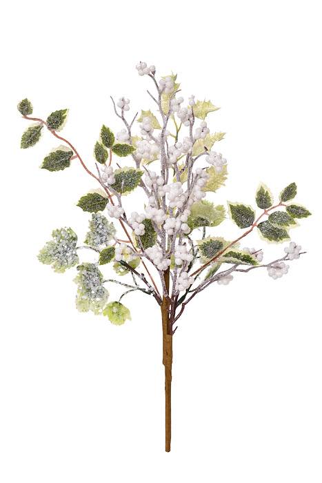 16&quot; Frosted Berry Holly Leaf Pick Green/White Frosted