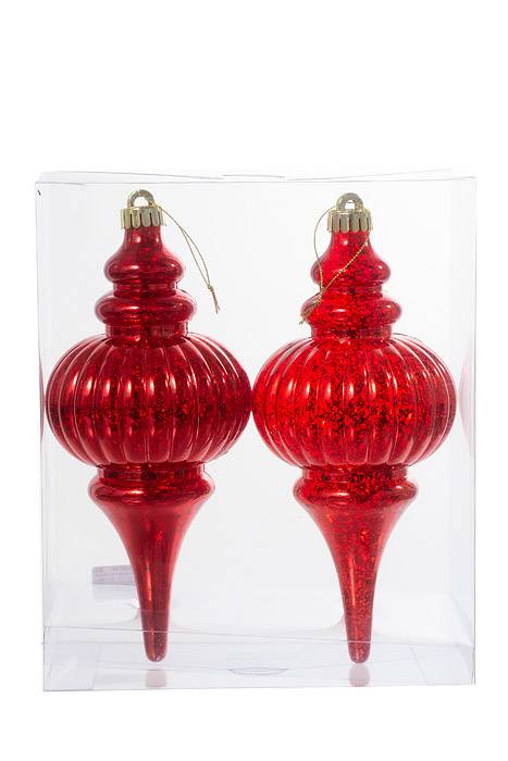 10"  Mercury Ridged Finial Ornament Red Bx/2