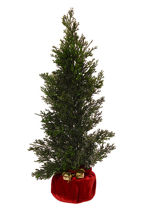 19" Petite Cedar Tree In Velvet Sack With Bells Green/Red