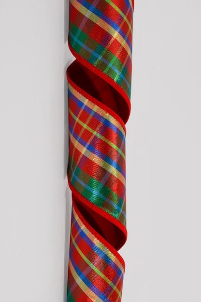4" X 10 Yds Wired Tartan Plaid/Thick Red Flat Velvet Ribbon