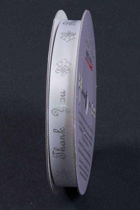 3/8" X 10yds Thank You Print Satin Ribbon Silver/white