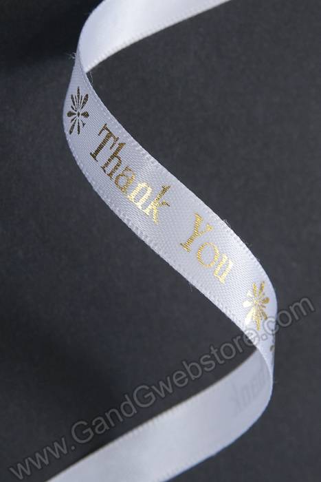 3/8" X 10yds Thank You Print Satin Ribbon Gold/white