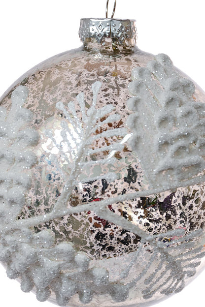 4" Mercury Glass Pine Cone Applique Ball Ornament White/Silver