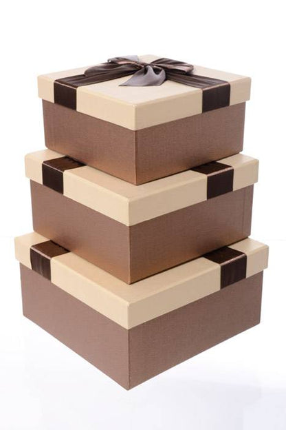 6.25"/ 7"/ 7.75" Sq Gift Box W/bow Brown/tan