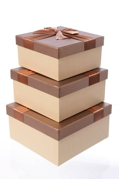 6.25"/ 7"/ 7.75" Sq Gift Box W/bow Tan/brown